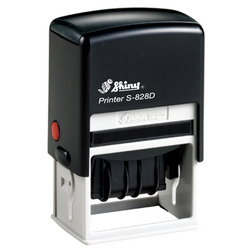 Shiny S-828D custom self-inking date stamp. Available in one or two ink colors. Up to 2 lines of copy above and below dates.