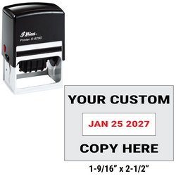 Shiny S-829D custom self-inking date stamp. Available in one or two ink colors. Up to 4 lines of copy above and below dates.