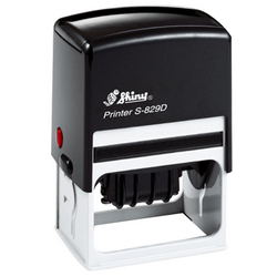 Shiny S-829D custom self-inking date stamp. Available in one or two ink colors. Up to 4 lines of copy above and below dates.