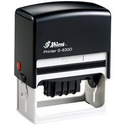 Shiny S-830D custom self-inking date stamp. Available in one or two ink colors. Up to 3 lines of copy above and below dates.