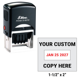 Shiny S-837D custom self-inking date stamp. Available in one or two ink colors. Up to 4 lines of copy above and below dates.