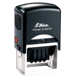 Shiny S-837D custom self-inking date stamp. Available in one or two ink colors. Up to 4 lines of copy above and below dates.