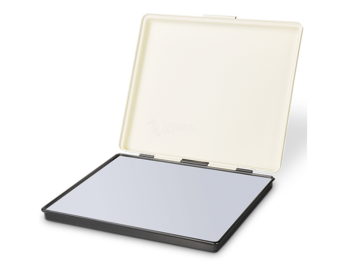 Shiny MP-1F industrial rubber stamp pad is 7-1/16" x 8-1/4".  This pad comes dry and is made of high strength metal. Hinged metal cover will help conserve ink when not in use.
