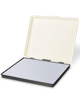 Shiny MP-1F industrial rubber stamp pad is 7-1/16" x 8-1/4".  This pad comes dry and is made of high strength metal. Hinged metal cover will help conserve ink when not in use.
