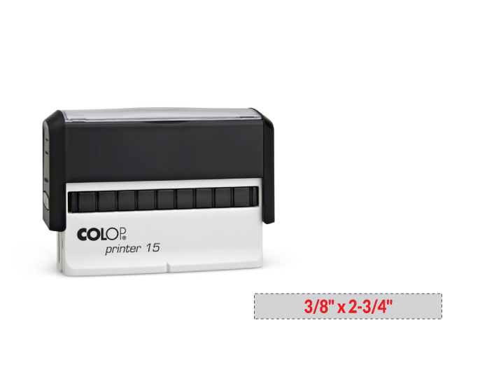 The 2000 Plus Printer 15 self-inking stamp is a 3/8" x 2-3/4" self-inking stamp.  Available in 5 ink colors with a laser engraved rubber die.