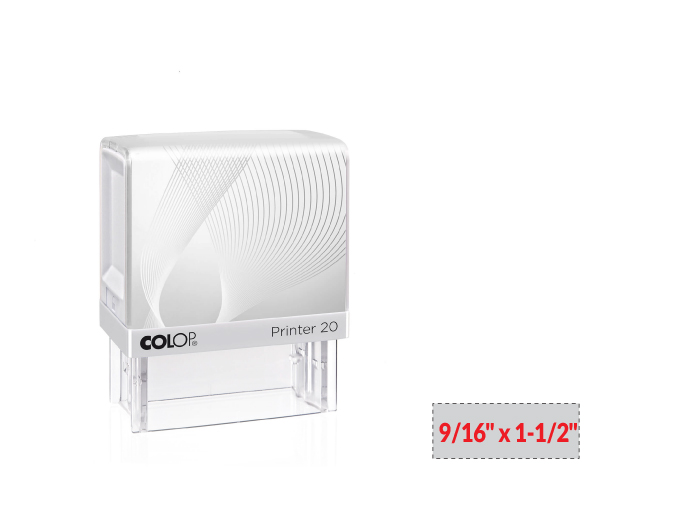 The 2000 Plus Printer 20 self-inking stamp is a 9/16" x 1-1/2" self-inking stamp.  Available in 5 ink colors with a laser engraved rubber die.