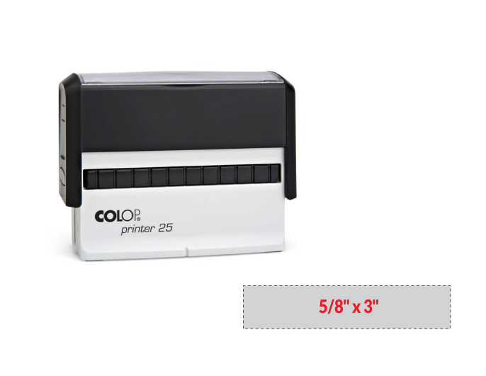 The 2000 Plus Printer 25 self-inking stamp is a 5/8" x 3" self-inking stamp.  Available in 5 ink colors with a laser engraved rubber die.