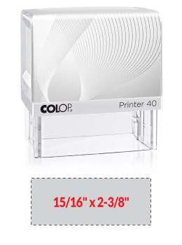 The 2000 Plus Printer 40 self-inking stamp is a 15/16" x 2-3/8" self-inking stamp.  Available in 5 ink colors with a laser engraved rubber die.