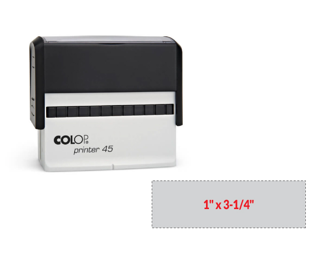 The 2000 Plus Printer 45 self-inking stamp is a 1" x 3-1/4" self-inking stamp.  Available in 5 ink colors with a laser engraved rubber die.