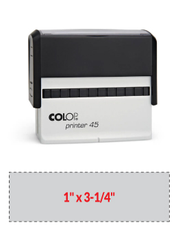 The 2000 Plus Printer 45 self-inking stamp is a 1" x 3-1/4" self-inking stamp.  Available in 5 ink colors with a laser engraved rubber die.