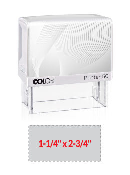 The 2000 Plus Printer 50 self-inking stamp is a 1-1/4" x 2-3/4" self-inking stamp.  Available in 5 ink colors with a laser engraved rubber die.