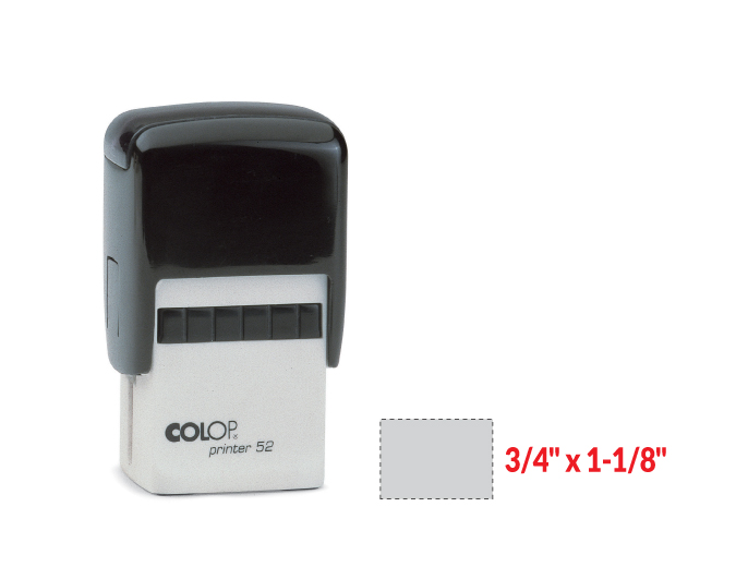 The 2000 Plus Printer 52 self-inking stamp is a 3/4" x 1-1/8" self-inking stamp.  Available in 5 ink colors with a laser engraved rubber die.