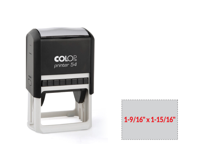 The 2000 Plus Printer 54 self-inking stamp is a 1-9/16" x 1-15/16" self-inking stamp.  Available in 5 ink colors with a laser engraved rubber die.