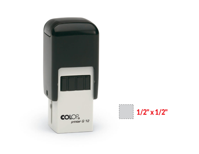 The 2000 Plus Printer Q12 self-inking stamp is a 1/2" x 1/2" self-inking stamp.  Available in 5 ink colors with a laser engraved rubber die.