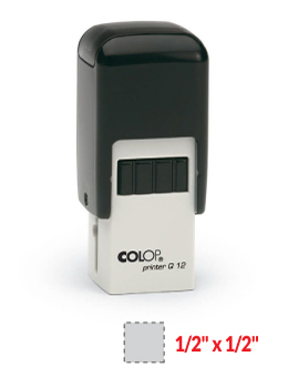 The 2000 Plus Printer Q12 self-inking stamp is a 1/2" x 1/2" self-inking stamp.  Available in 5 ink colors with a laser engraved rubber die.