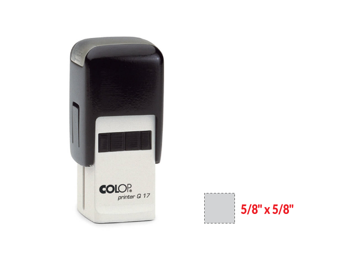 The 2000 Plus Printer Q17 self-inking stamp is a 5/8" x 5/8" self-inking stamp.  Available in 5 ink colors with a laser engraved rubber die.