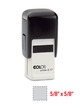 The 2000 Plus Printer Q17 self-inking stamp is a 5/8" x 5/8" self-inking stamp.  Available in 5 ink colors with a laser engraved rubber die.