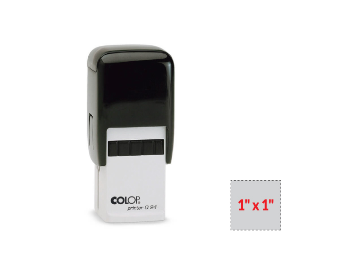 The 2000 Plus Printer Q24 self-inking stamp is a 1" x 1" self-inking stamp.  Available in 5 ink colors with a laser engraved rubber die.