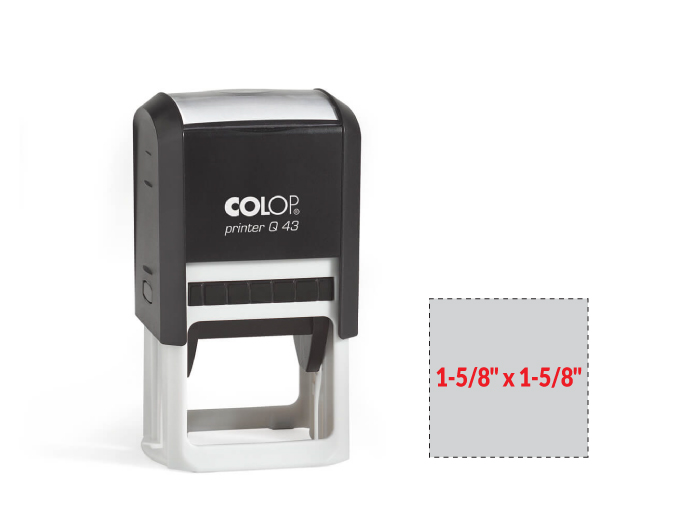 The 2000 Plus Printer Q43 self-inking stamp is a 1-5/8" x 1-5/8" self-inking stamp.  Available in 5 ink colors with a laser engraved rubber die.