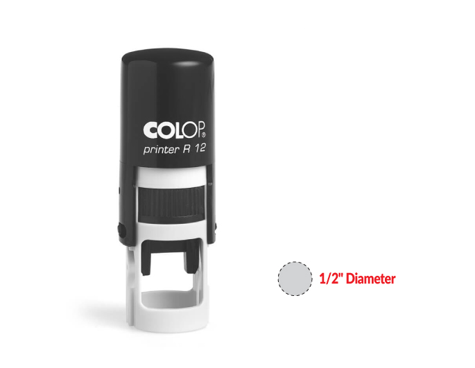 The 2000 Plus Printer R12 self-inking stamp is a 1/2" Diameter self-inking stamp.  Available in 5 ink colors with a laser engraved rubber die.