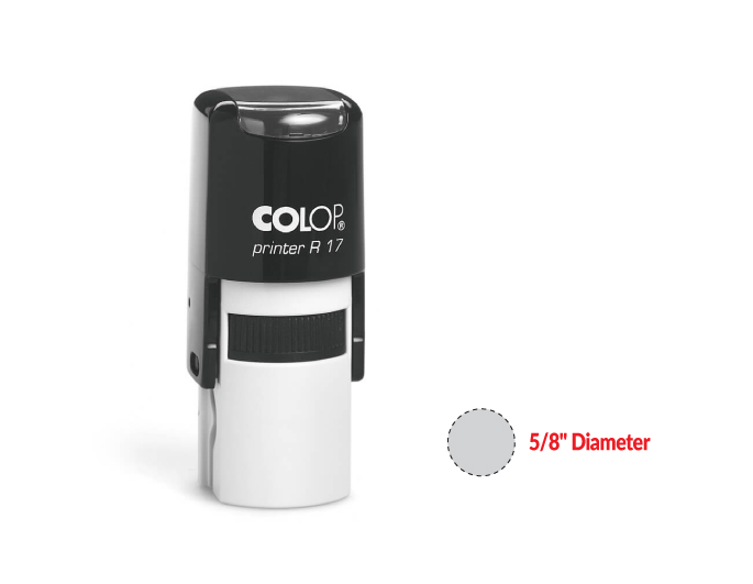 The 2000 Plus Printer R17 self-inking stamp is a 5/8" Diameter self-inking stamp.  Available in 5 ink colors with a laser engraved rubber die.