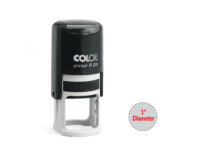 The 2000 Plus Printer R24 self-inking stamp is a 1" Diameter self-inking stamp.  Available in 5 ink colors with a laser engraved rubber die.