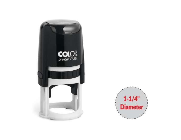 The 2000 Plus Printer R30 self-inking stamp is a 1-1/4" Diameter self-inking stamp.  Available in 5 ink colors with a laser engraved rubber die.