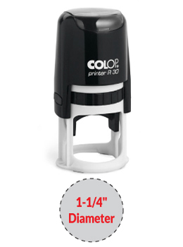 The 2000 Plus Printer R30 self-inking stamp is a 1-1/4" Diameter self-inking stamp.  Available in 5 ink colors with a laser engraved rubber die.
