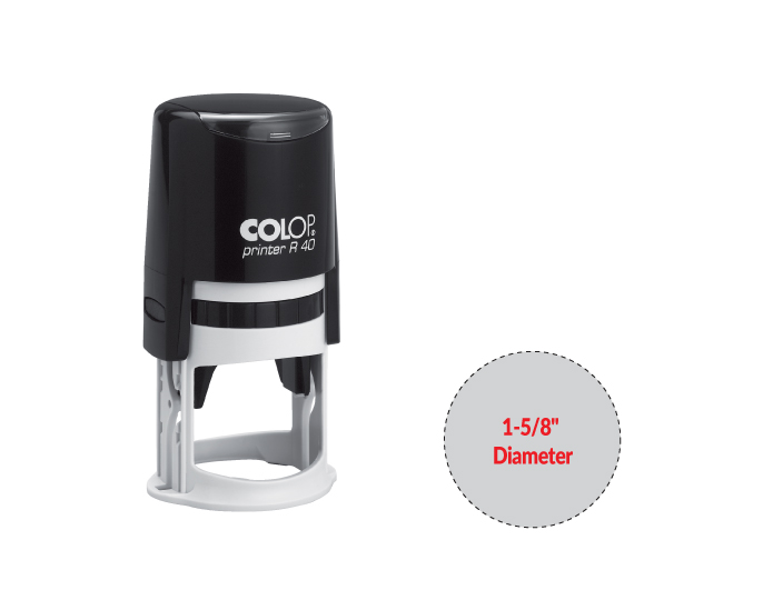 The 2000 Plus Printer R40 self-inking stamp is a 1-5/8" Diameter self-inking stamp.  Available in 5 ink colors with a laser engraved rubber die.