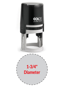 The 2000 Plus Printer R45 self-inking stamp is a 1-3/4" Diameter self-inking stamp.  Available in 5 ink colors with a laser engraved rubber die.