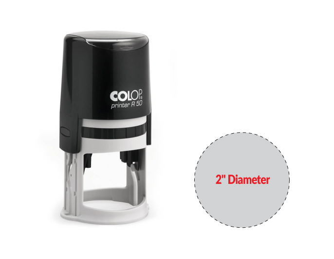 The 2000 Plus Printer R50 self-inking stamp is a 2" Diameter self-inking stamp.  Available in 5 ink colors with a laser engraved rubber die.