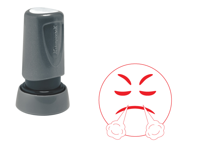 The Xstamper Xpression stock stamp features a mad face with steam coming out of the nose.  Impression size is roughly 7/8" diameter.  The stamp is re-inkable with oil based Xstamper ink.