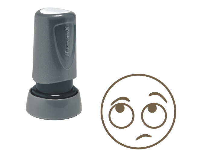The Xstamper Xpression stock stamp features confused / sad face.  Impression size is roughly 7/8" diameter.  The stamp is re-inkable with oil based Xstamper ink.