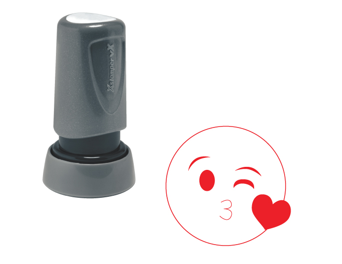 The Xstamper Xpression stock stamp features a kissing face with a heart.  Impression size is roughly 7/8" diameter.  The stamp is re-inkable with oil based Xstamper ink.