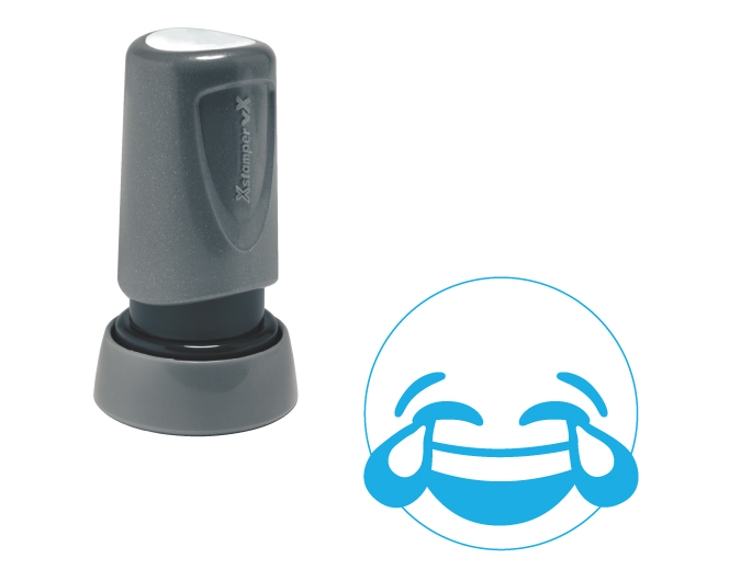 The Xstamper Xpression stock stamp features a laughing face with tears coming out of its eyes.  Impression size is roughly 7/8" diameter.  The stamp is re-inkable with oil based Xstamper ink.