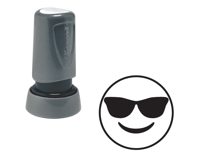 The Xstamper Xpression stock stamp features a cool face with sunglasses.  Impression size is roughly 7/8" diameter.  The stamp is re-inkable with oil based Xstamper ink.