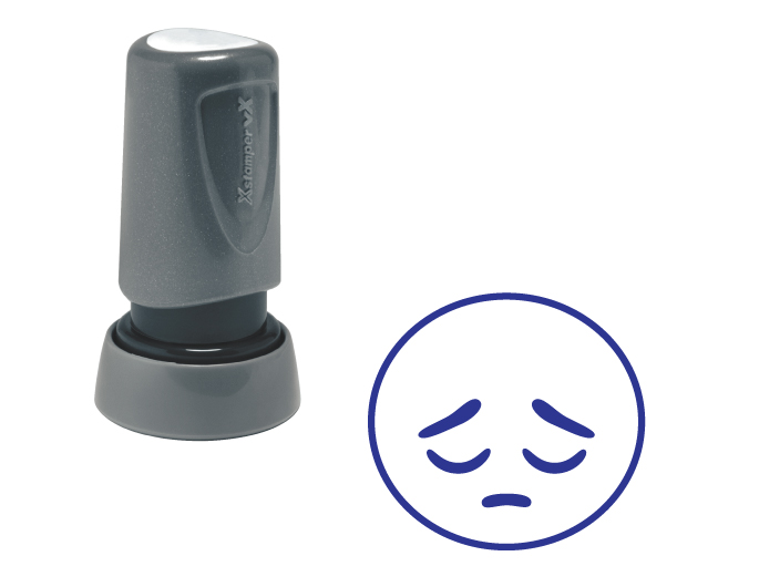The Xstamper Xpression stock stamp features a sad face with closed eyes.  Impression size is roughly 7/8" diameter.  The stamp is re-inkable with oil based Xstamper ink.
