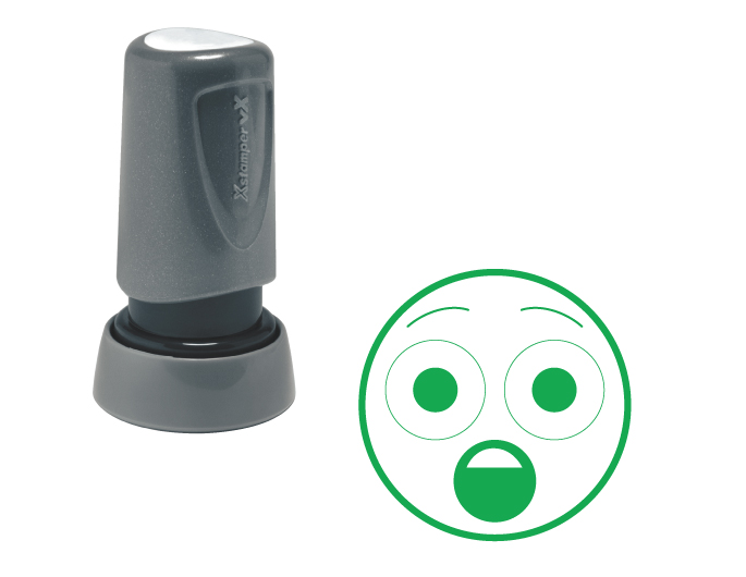 The Xstamper Xpression stock stamp features a surprised face with large eyes.  Impression size is roughly 7/8" diameter.  The stamp is re-inkable with oil based Xstamper ink.