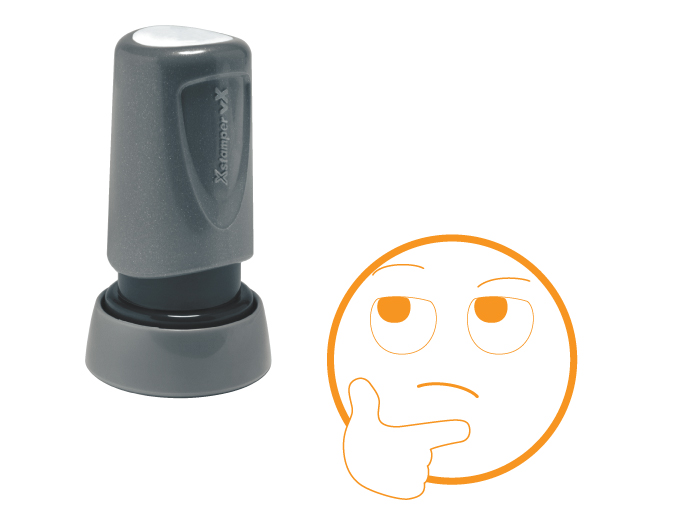 The Xstamper Xpression stock stamp features a thinking face.  Impression size is roughly 7/8" diameter.  The stamp is re-inkable with oil based Xstamper ink.