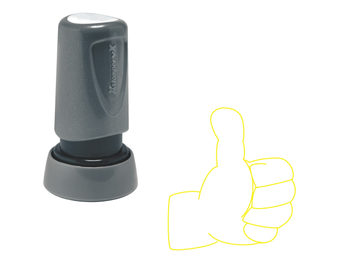 The Xstamper Xpression stock stamp features a thumbs up icon.  Impression size is roughly 7/8" diameter.  The stamp is re-inkable with oil based Xstamper ink.