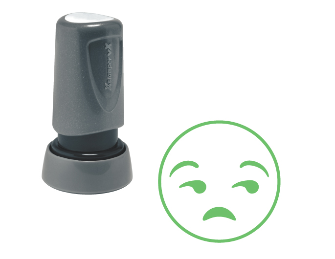 The Xstamper Xpression stock stamp features a frustrated / annoyed face.  Impression size is roughly 7/8" diameter.  The stamp is re-inkable with oil based Xstamper ink.