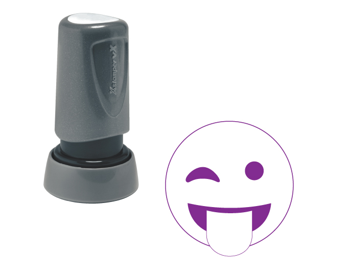 The Xstamper Xpression stock stamp features a goofy face.  Impression size is roughly 7/8" diameter.  The stamp is re-inkable with oil based Xstamper ink.