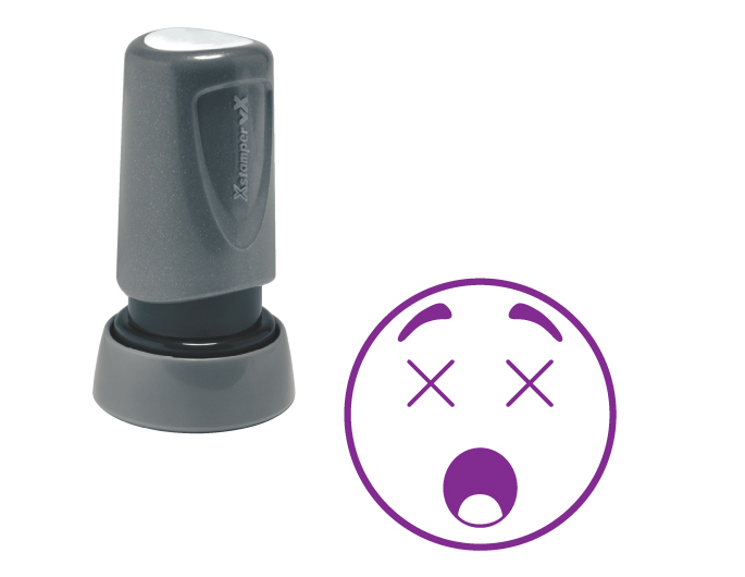 The Xstamper Xpression stock stamp features a "dead" face.  Impression size is roughly 7/8" diameter.  The stamp is re-inkable with oil based Xstamper ink.