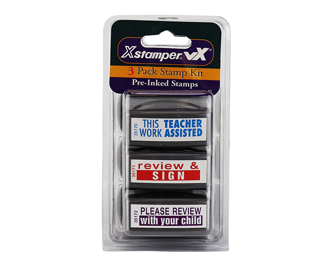 Xstamper #35206 3 Pack of Teacher Stamps.  Stamps include Work Assisted, Review & Sign and Please Review With Child.  Save by buying a 3-pack of Teacher Stamps!