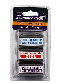 Xstamper #35206 3 Pack of Teacher Stamps.  Stamps include Work Assisted, Review & Sign and Please Review With Child.  Save by buying a 3-pack of Teacher Stamps!