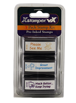 3 Pack of Teacher Stamps.  Stamps include Great Improvement, Much Better..Keep Trying and Please See Me.  Save by buying a 3-pack of Teacher Stamps!