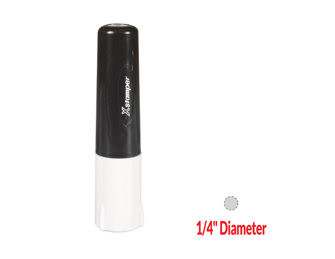 This stamp is ideal for marking any slick or hard to mark surface such as metal, glass, plastic, leather, gloss paper, etc. Impression Size: 1/4" diameter.