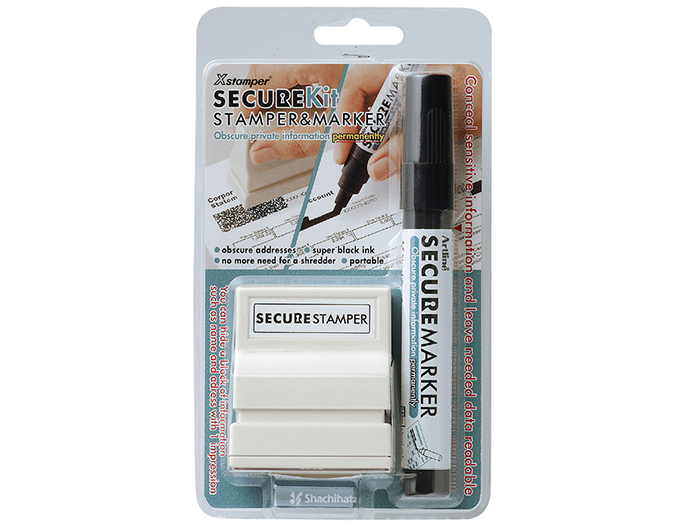 Secure Kit Stamp (#1342) & Marker can hide a block of information such as name and address with just one impression.