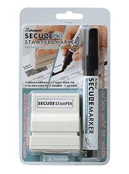 Secure Kit Stamp (#1342) & Marker can hide a block of information such as name and address with just one impression.