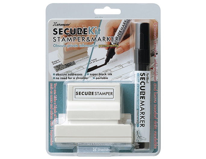 The Secure Stamper #2471 & marker can hide a block of information such as name and address with just one impression.